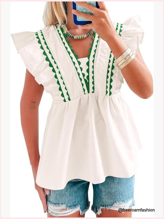 Tops - V-Neck Babydoll Peplum Top with Ruffle Cap Sleeves